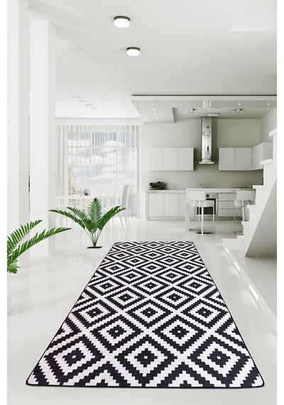Black White Djt 100X150 Cm Kaymaz Taban Yolluk Halı