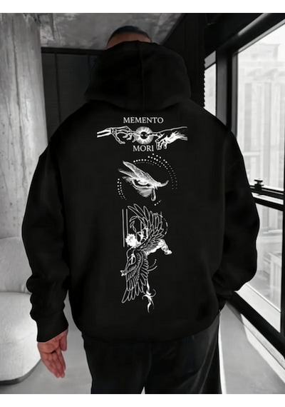 Nevermind Unisex Oversize Memento Mori Baskılı Siyah Hoodie Tarz Streetwe Siyah