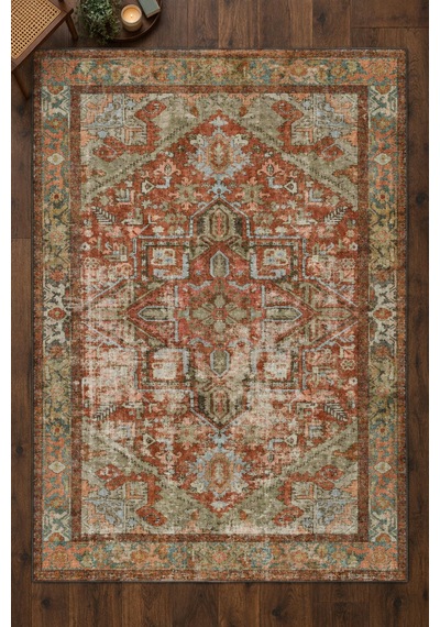 Artloop İstanbul Kiremit Yeşil Vintage Desenli Dokuma Tabanlı Şönil Halı Al 639 Kiremit-yeşil