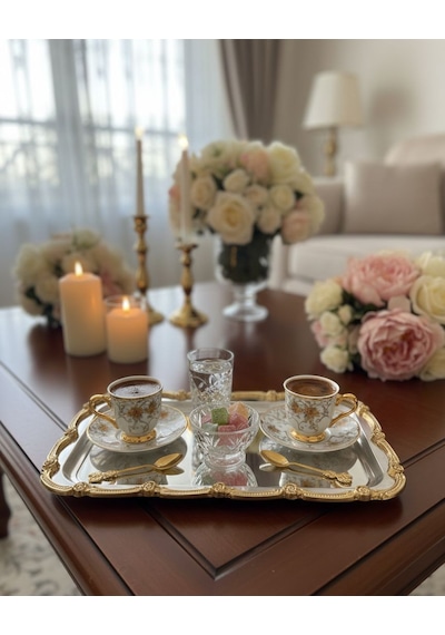 Gold- Gümüş Nişan Tepsisi Dikdörtgen Sunum Tepsisi Söz & Nişan Yüzük Tepsisi, Kahve Sunum Tepsisi Altın - Gümüş