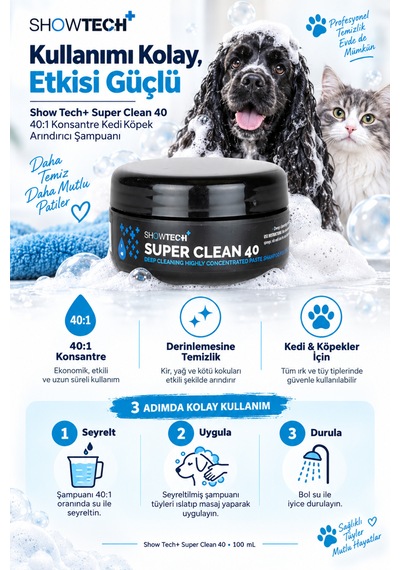 Showtech Super Clean 40 Derin Temizleyici Ve Arındırıcı Kedi Köpek Şampuanı 100 Ml