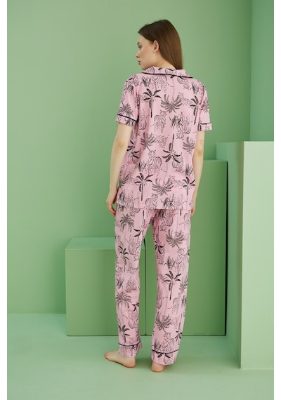 Siyah İnci Kısa Kollu Düğmeli Biyeli Pijama Takım7817 Pembe Kaplan