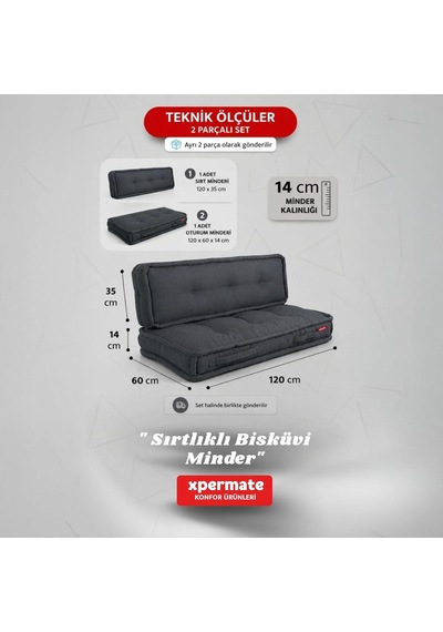 2'li Yer Minderi 60x120x14 Cm Palet Minderi, Bahçe Minderi, Oturma Minderi, Balkon Takımı Minderi Antrasit Çok Renkli