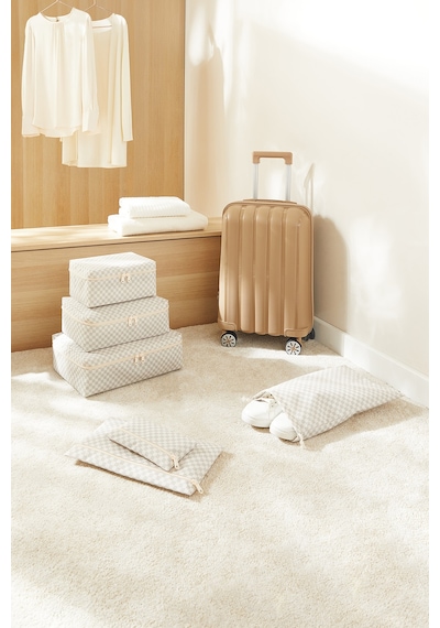 Ocean Home Textile 6'lı Yıkanabilir Gri Dama Desen Pamuklu Bavul İçi Düzenleyici Set Gri