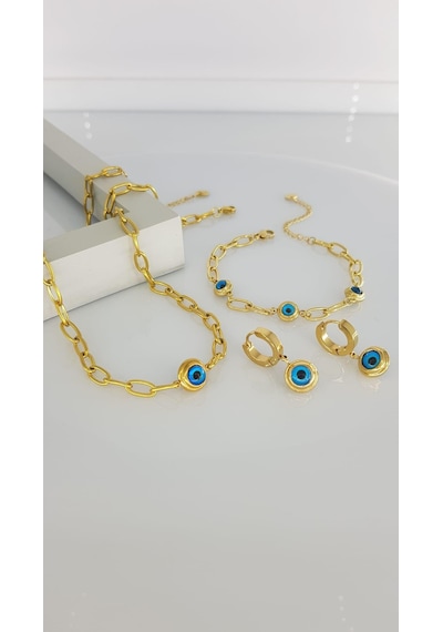 Nazar Boncuklu Çelik Takı Seti Sns10 Gümüş - Rose Gold