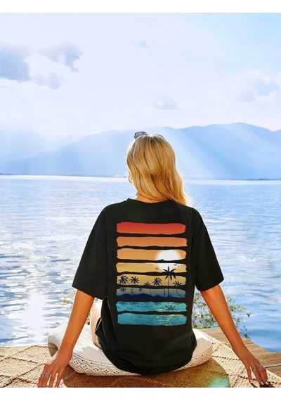 Kadın Örme Palm Tree Basklı Siyah %100 Pamuk T-shirt. Siyah