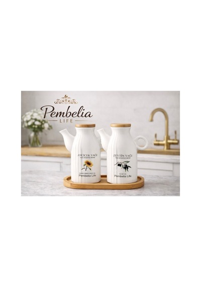 2'li Ahşap Standlı Etiketli Porselen 1000ml Yağlık&sirkelik 3'lu Yağdanlık Set Beyaz Beyaz