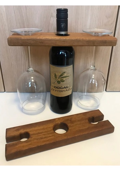 Ahşap Şişelik Ve Kadehlik Masaüstü Mini Bar Standı Doğal Ceviz Renkli