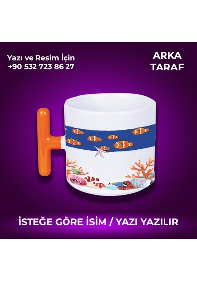 Kişiye Özel Balık Desenli T Kulplu Renkli Kupa- Çok Hoş Hediye Turuncu