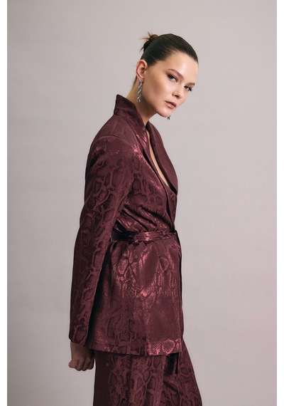 Sateen Yılan Desenli Uzun Ceket - Bordo-136439 Bordo