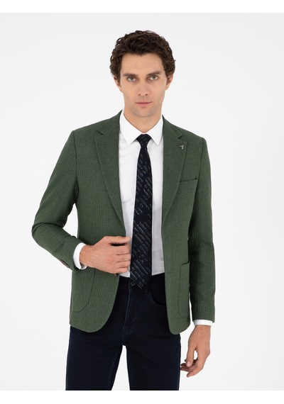 Cacharel Haki Slim Fit Yün Karışımlı Balıksırtı Spor Ceket Yesıl
