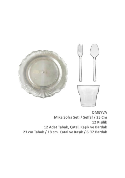 Omeyva 23 Cm. Plastik Mika Şeffaf Sorfa Piknik Seti - 12 Kişilik Tabak Bardak Çatal Kaşık Takımı