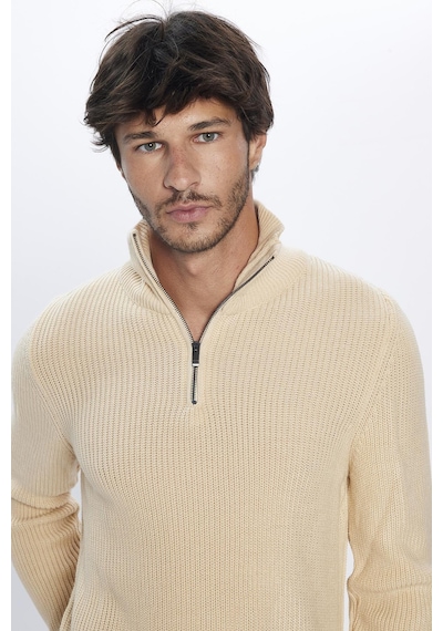 Tudors Erkek Slim Fit Dar Kesim Dik Yaka Fermuarlı Bej Triko Kazak-26254-bej Bej