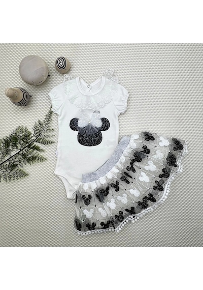 Cojans 1-2-3 Yaş Payetli Mickey Nakışlı Kısa Kollu Brode Etekli 2li Kız Bebek Takımı Siyah Çok Renkli