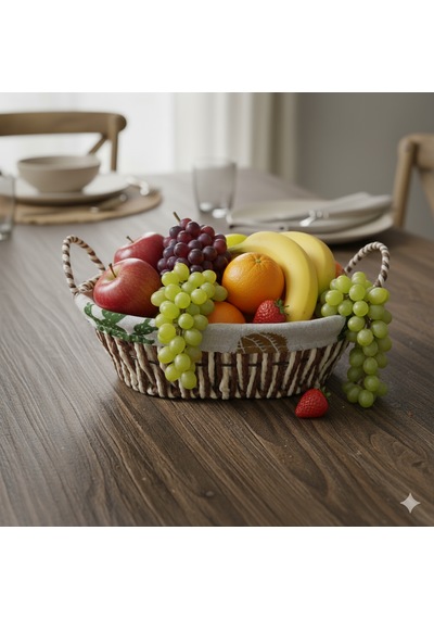 Kaktüs Desenli Kumaş Kaplamalı Hasır Kulplu Dekoratif Sepet 27x16 Cm Kahverengi - Yeşil - Bej