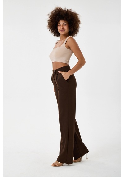Dıanna Likralı Çift Düğmeli Esnek Kahverengi Palazzo Pantolon