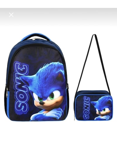 Newfull Sonic Baskılı Erkek Sırt Okul Çantası-2'li Set Siyah Mavi