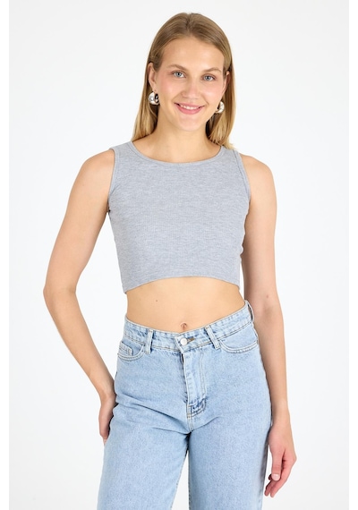 Arma Yıldız Kadın Pamuklu Fitilli Halter Yaka Kalın Askılı Crop Gri Gri
