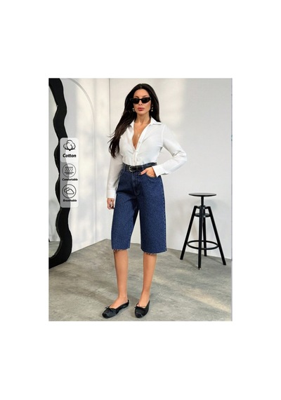 Kene Jeans Paça Kesik Lacivert Uzun Kot Şort Lacivert