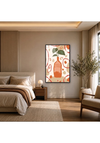 Çiçekli Vazo Deseni Siyah Çerçeveli Cam Tablo