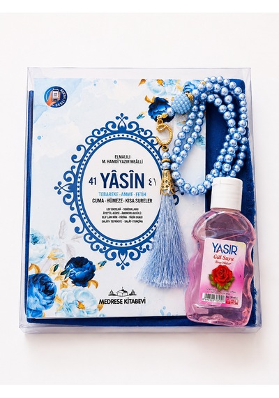 Bilenler Mevlit Hediye Seti İsim Baskılı- Eşarp İnci Tesbih Gül Suyu Özel Kutulu Set Mavi