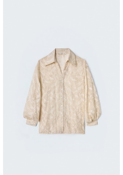 Sateen Nakış Detaylı Transparan Gömlek - Bej-137498