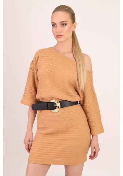 Armonika Kadın Camel Kayık Yaka Yarasa Kol Yumuşak Dokulu Elbise Arm-26k001039