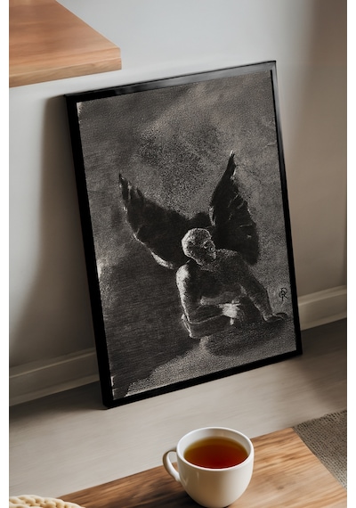 Broken Wings Siyah Ahşap Çerçeveli Poster, Dekoratif Soyut Monokrom Duvar Tablosu