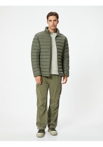 Koton Slim Fit Fermuarlı Şişme Mont Yeşil 5wam20101hw