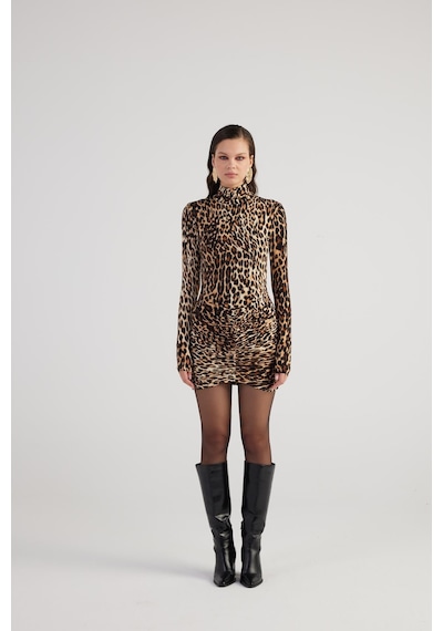 Holly Lolly Leopar Desenli Balıkçı Yaka Mini Britney Elbise Kahve