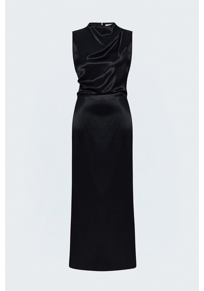 Sateen Kolsuz Saten Elbise - Siyah-137972