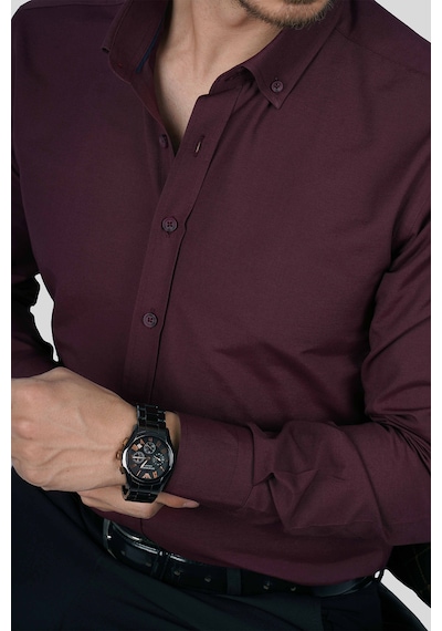 Koyu Bordo Yaka Düğmeli Premium Şamre Slimfit Erkek Gömlek Koyu Bordo