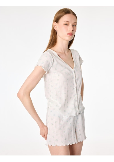Koton Düğmeli V Yaka Kısa Kollu Desenli Şortlu Pijama Takımı Beyaz Beyaz 6slk40141mk