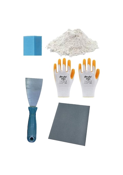 Duvar Tamir Seti 2 Kg Sıva Alçısı,spatula,zımpara,sıva Süngeri,eldiven 5 Parça Set