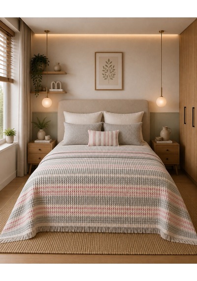 Çift Kişilik Pamuklu Pike 215x240 Cm Püsküllü Dokuma Yatak Örtüsü Geometrik Desen Pembe