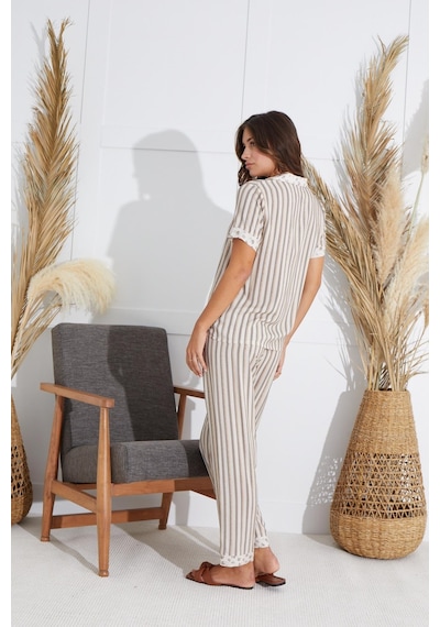 Sevim Kadın Kısa Kol Gömlek Yaka Önden Düğmeli Bej Pijama Takım C9t2n551 001