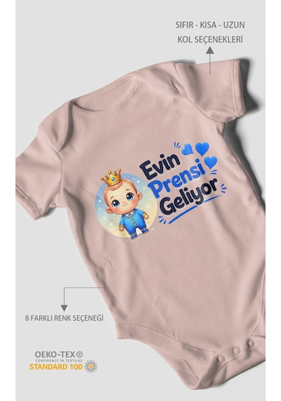 Morivokids Evin Prensi Geliyor Kısa Kollu Bebek Body %100 Pamuk Pastel Pembe
