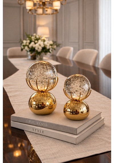 Sahra Gold 2 Li Kristal Ahtapot Cam Küreli Obje Biblo Süs Eşyası Altın