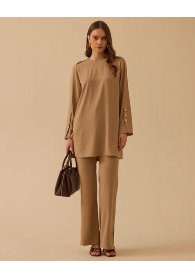 Scl Yuvarlak Yaka Düğme Detaylı Tunik Camel