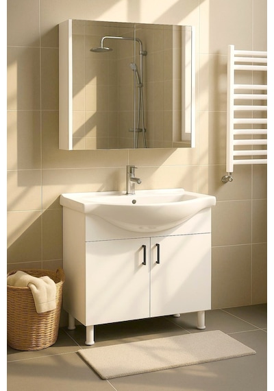 Makbulce 80 Cm Beyaz Mdf Seramik Lavabolu Ayaklı Aynalı Banyo Dolabı Beyaz