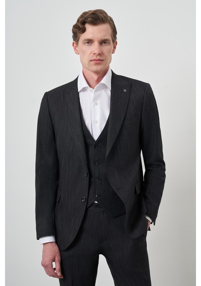 Morven Erkek Siyah Trend Yelekli Slim Fit Sivri Yaka Takım Elbise 25mc001069001 Siyah