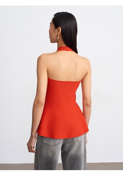 Dilvin 10787 Halter Yaka Peplum Triko Bluz-a.kırmızı
