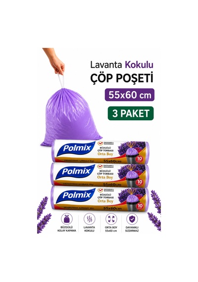 Orta Boy 55x60 Lavanta Kokulu Büzgülü Çöp Poşeti 30 Adet 3 Paket Çöp Torbası 40 Litre