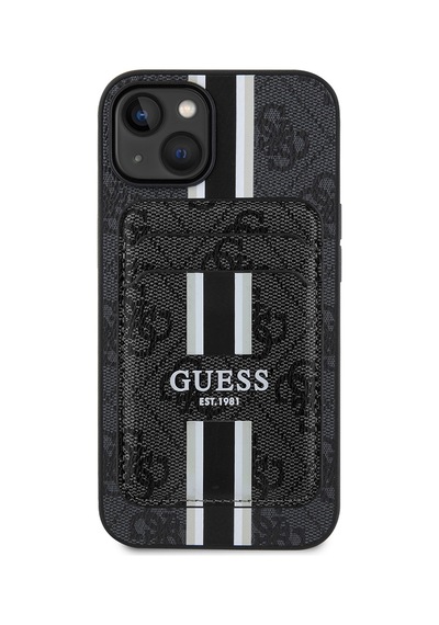 Apple Uyumlu iPhone 15 Kılıf Guess Lisanslı Magsafe Şarj Özellikli 4g Desenli Çizgili Kartlıklı Kapak Siyah