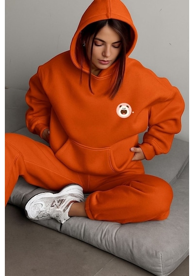 Benroma 3 İplik Penye Küçük Panda Baskılı Ünisex Kapüşonlu Sweat Turuncu