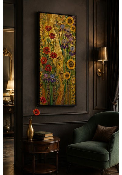 Gustav Klimt Çiçek Bahçesi Ahşap Tablo Uv Baskı Siyah Çerçeveli 25x60 Cm Dikey Lüks Sanatsal Dekorasyon