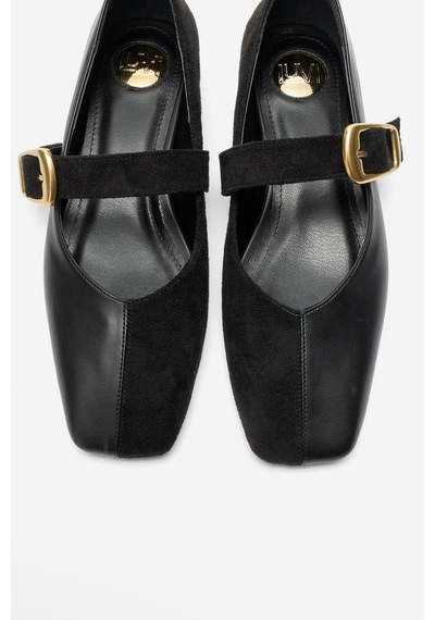 Luvi Shoes Curzon Siyah Cilt Süet Kadın Kemerli Babet Ayakkabı