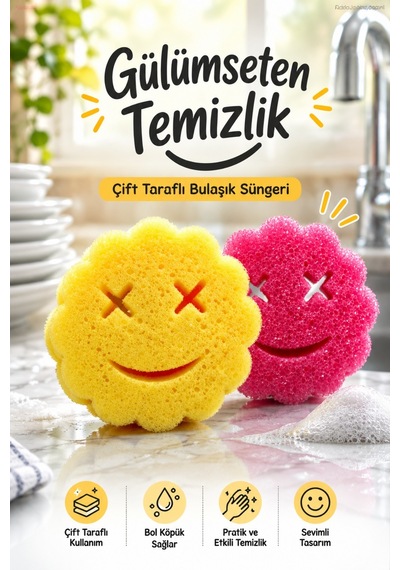 Çift Taraflı Gülen Yüz Bulaşık Süngeri Yumuşak Ve Ovucu Yüzey Mutfak Temizlik Süngeri