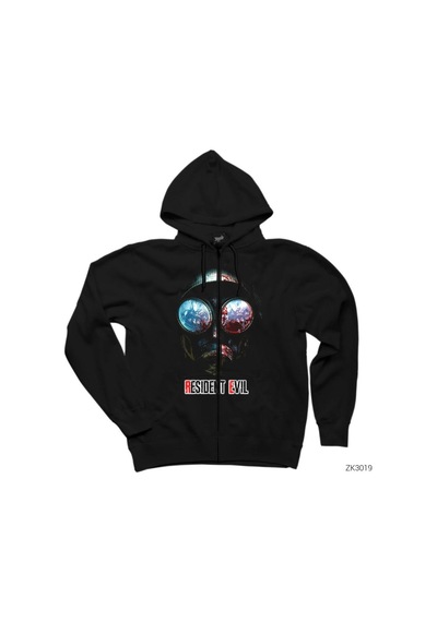 Resident Evil Gas Mask Siyah Fermuarlı Kapşonlu Sweatshirt Siyah