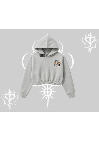 Need Coffee Right Meow Yazılı Kedi Baskılı Kapşonlu Crop Sweatshirt Gri